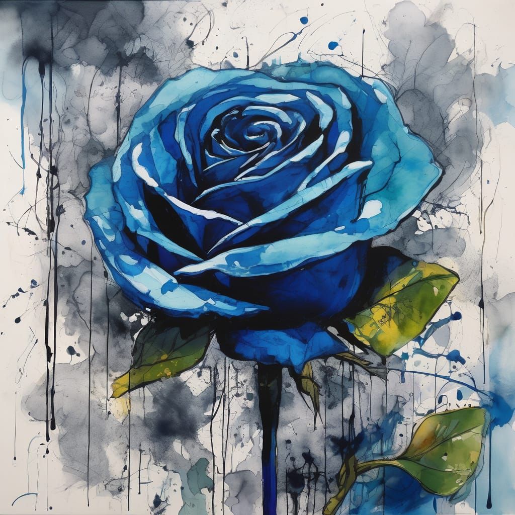 Electric Blue Rose Ink Sketch with Watercolour Washes