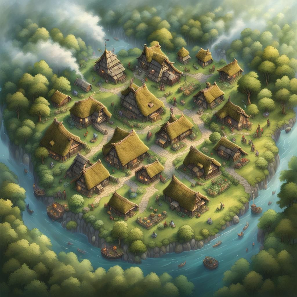 Top Down Village Battlemap in Ethereal Fantasy Style