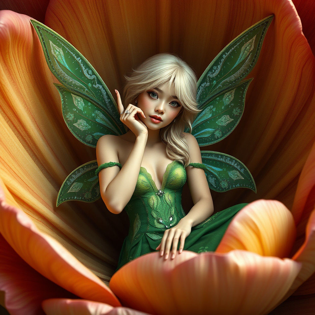 Blonde Fairy in Flower, Fantasy Matte Painting