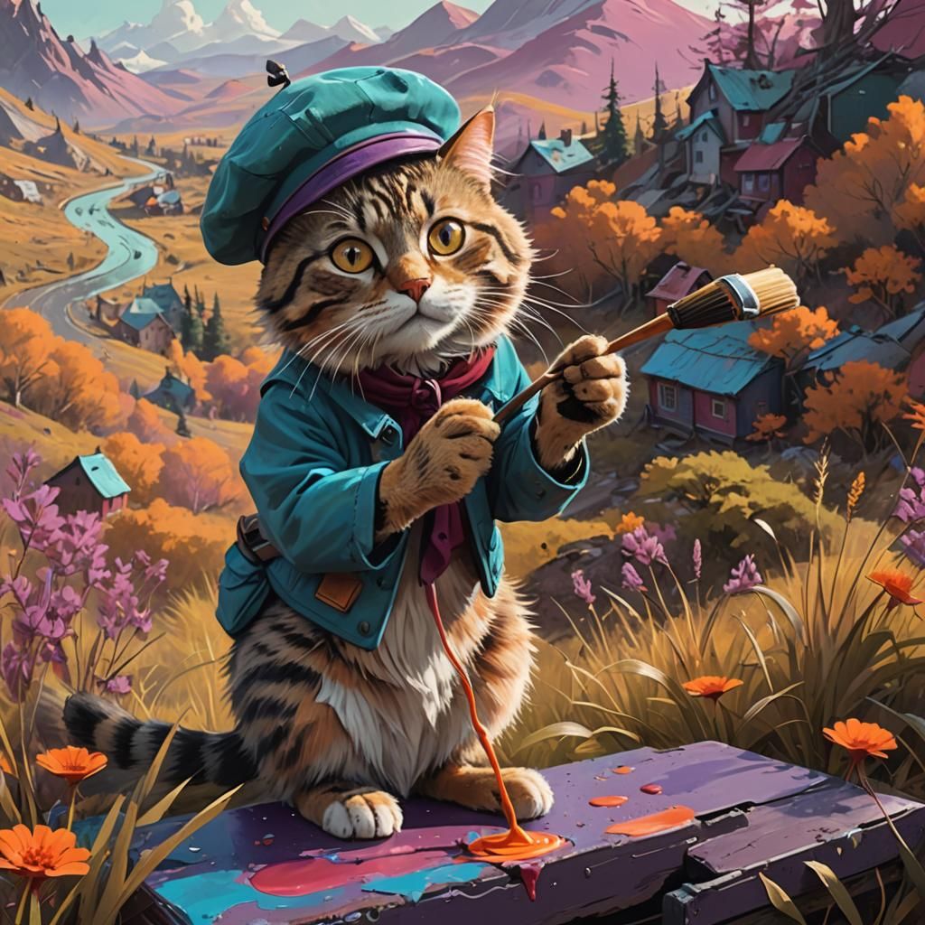 Cat Artist Painting a Landscape: Fantasy Concept Art