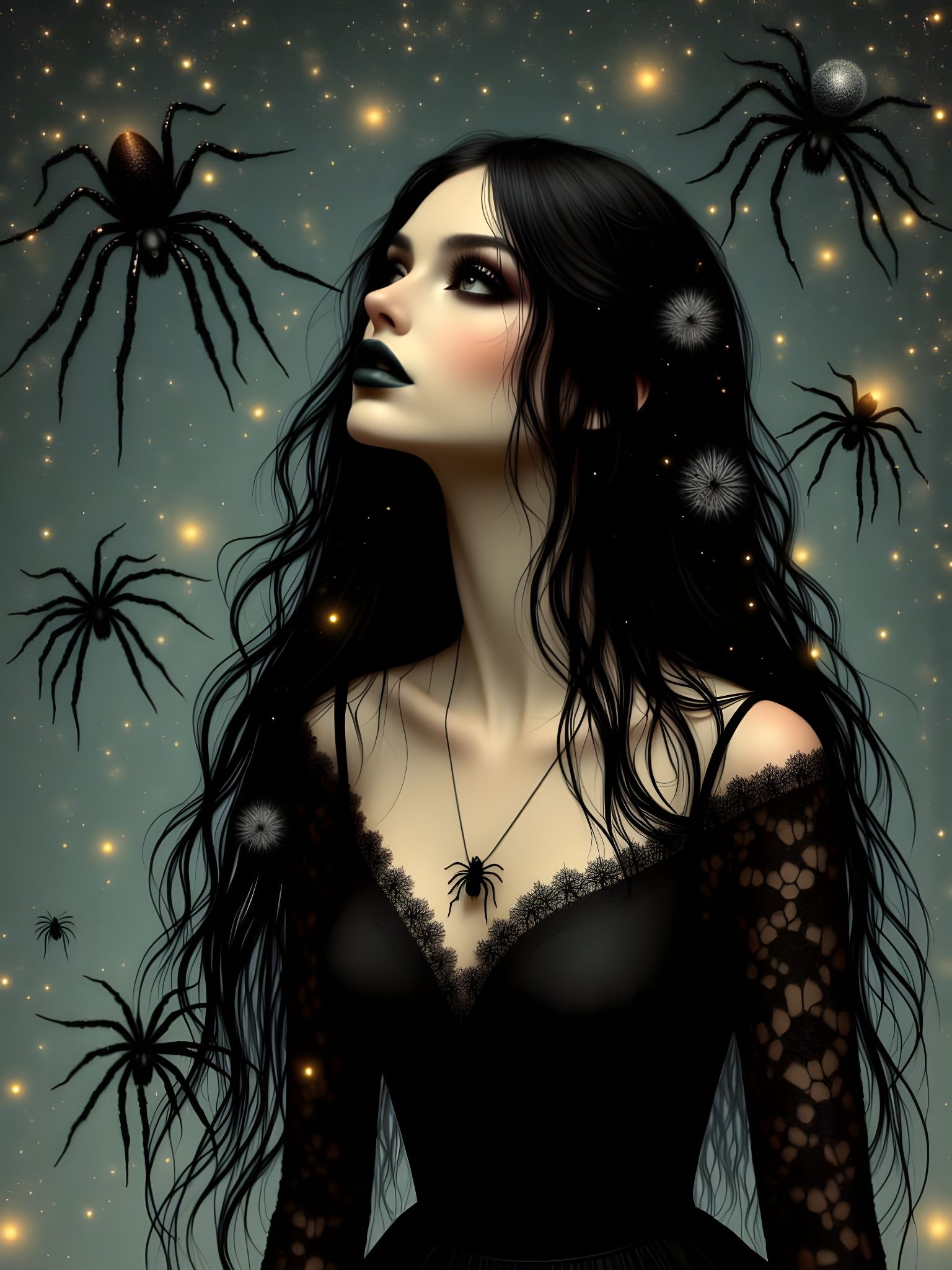 Gothic Storybook Art: Woman with Starry Sky and Tarantulas