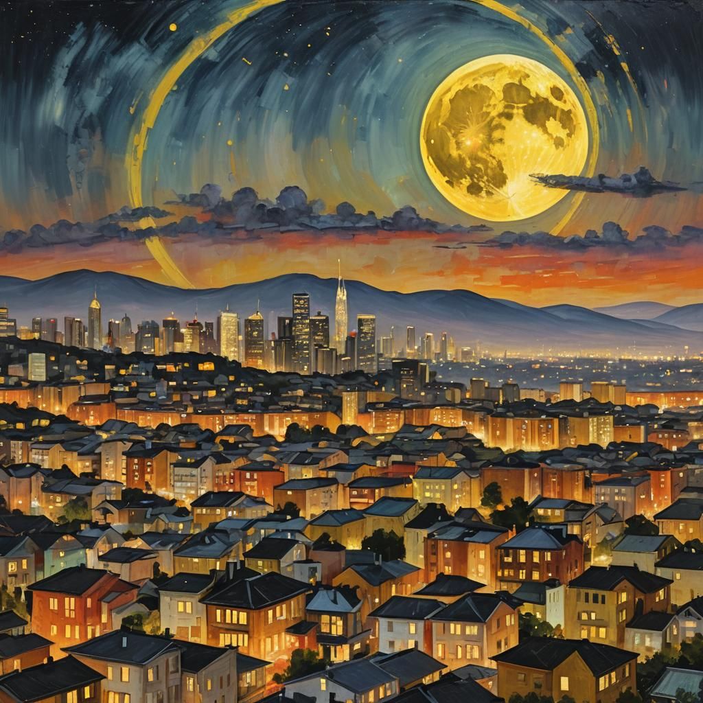 Giant Super Moon over Luminous Cityscape