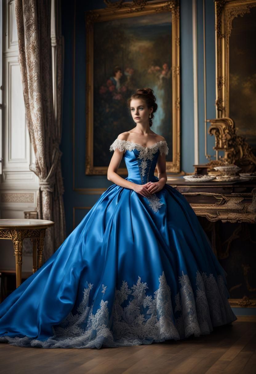 Blue satin and lace ballgown