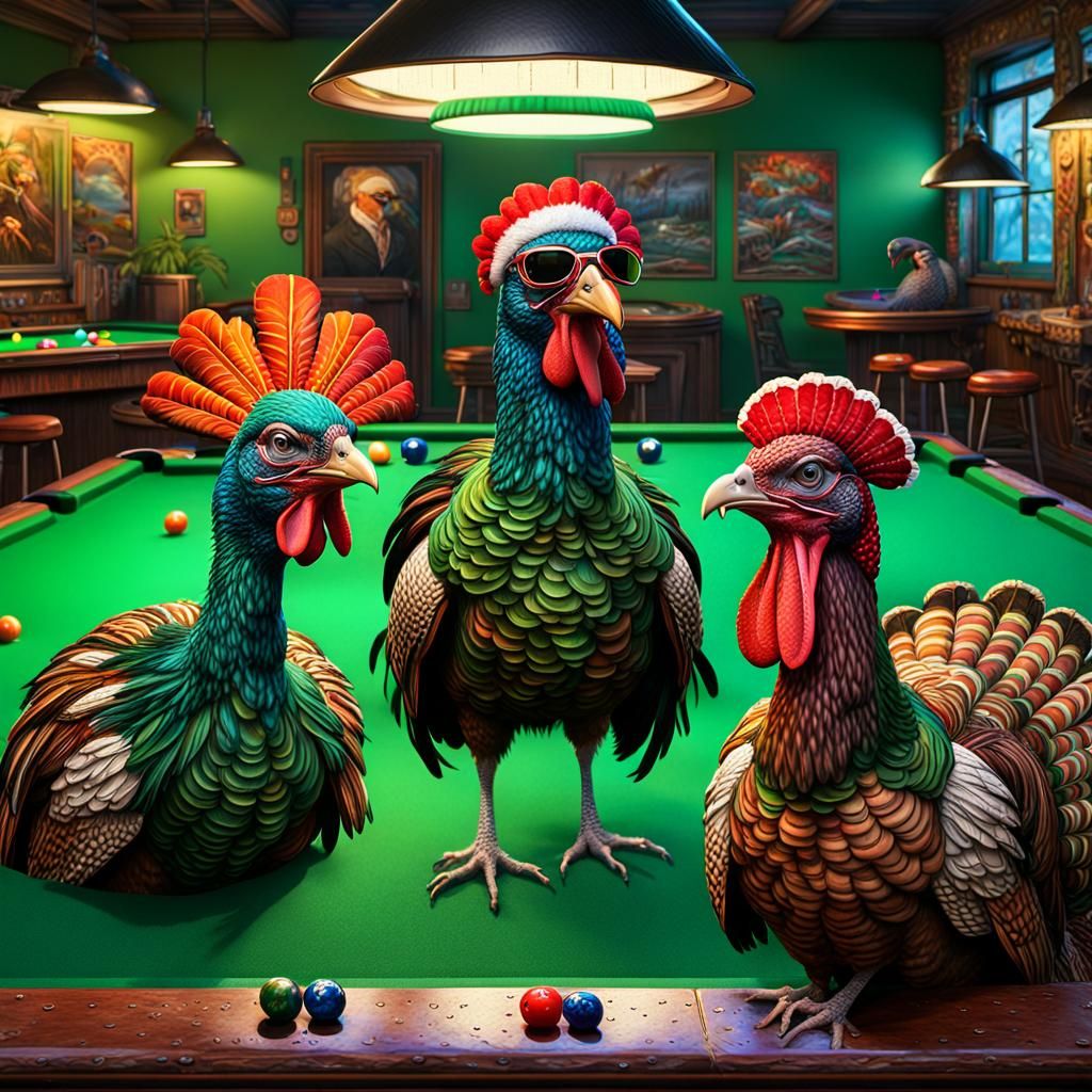Turkeys Playing Pool: Vibrant Matte Painting