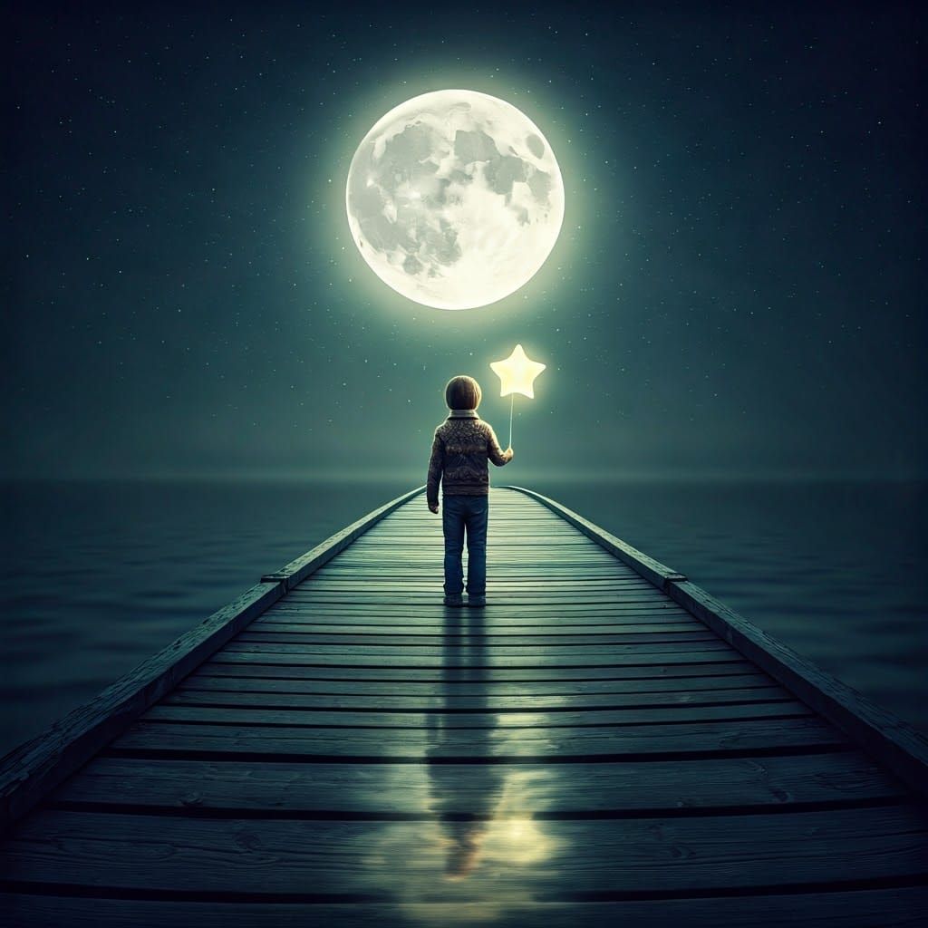 Boy with Star Balloon on Bridge to Starry Sky
