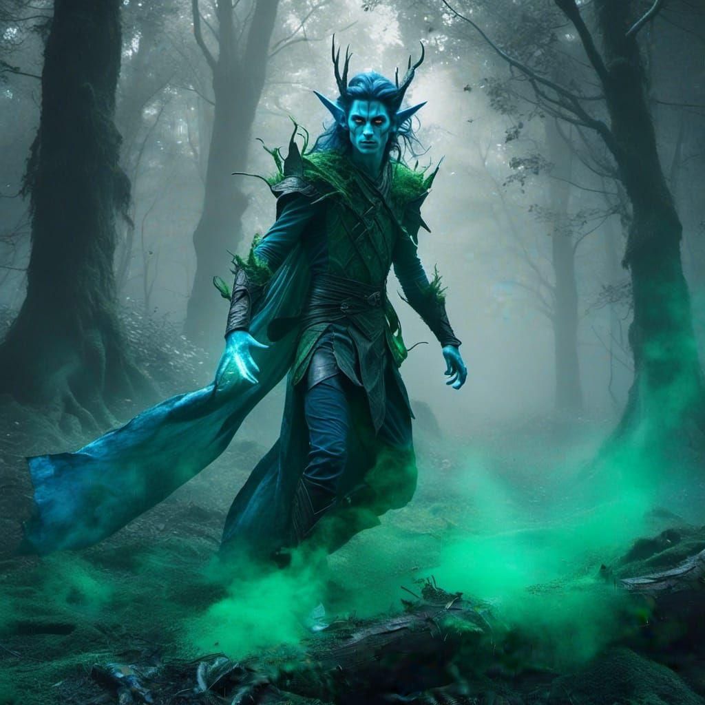 Dark Elf Summons Magic in Smoky Forest