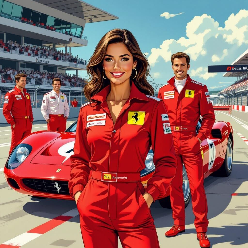 Ferrari Team at Le Mans, Illustrated in Comic Art Style