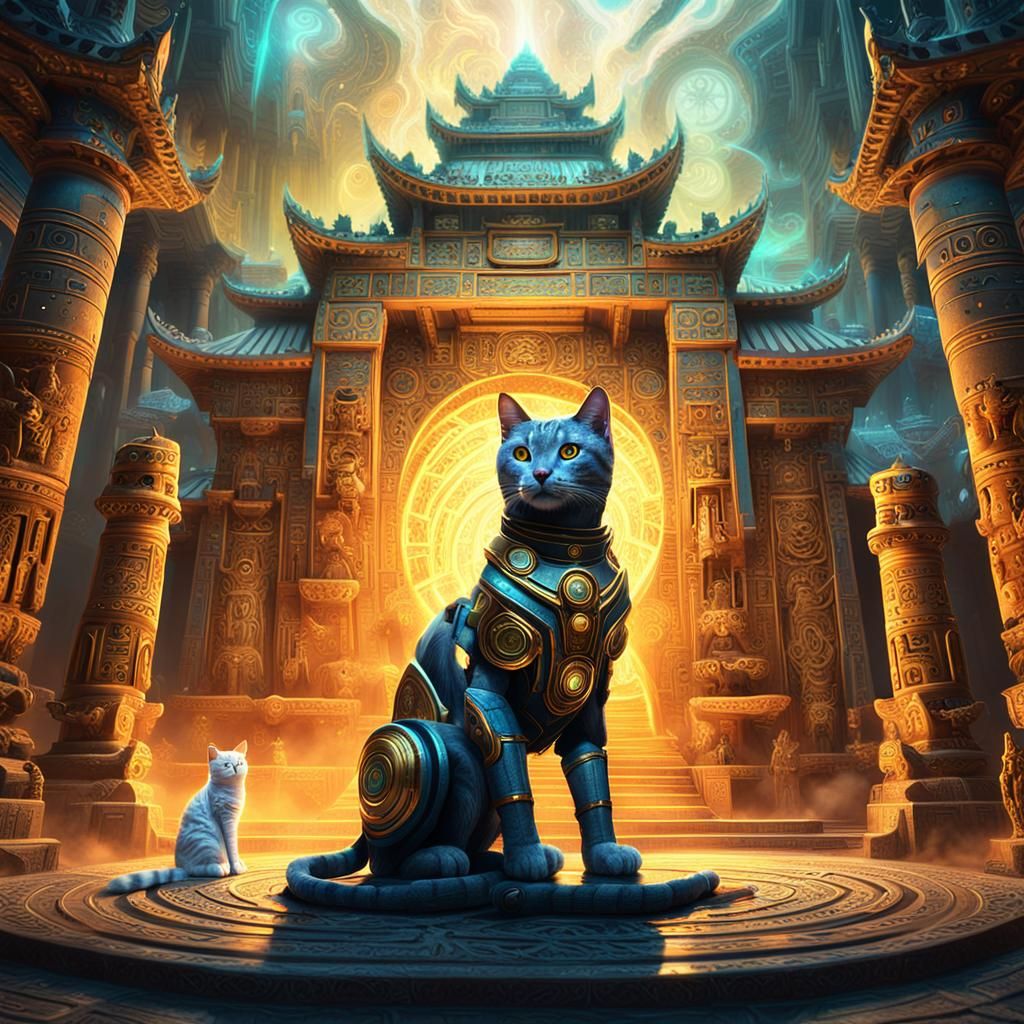 Cyberpunk Robot Felines Confront God in Ancient Temple