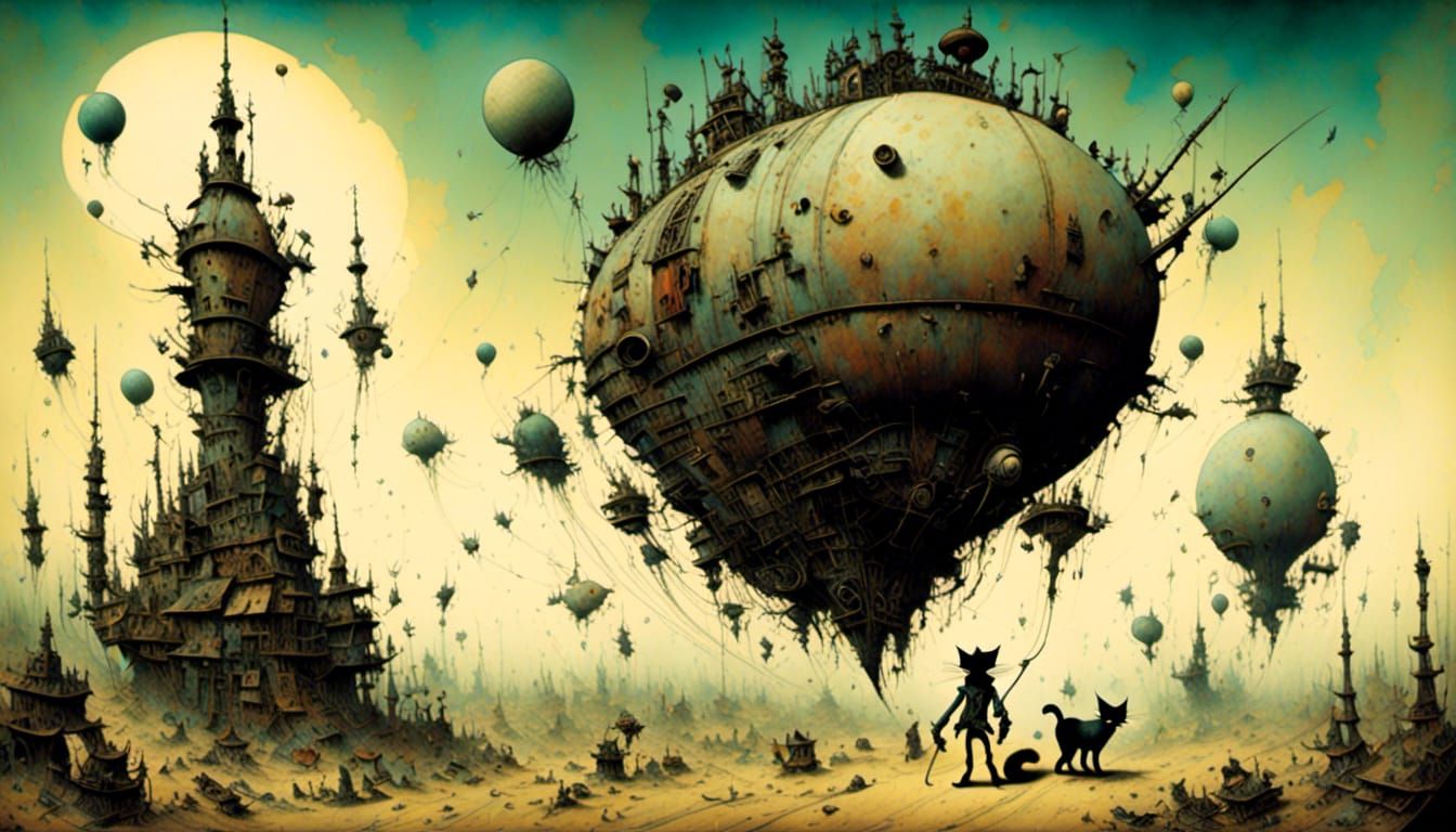 Cat Warrior Blows Up Spaceship: Dark Fantasy Art