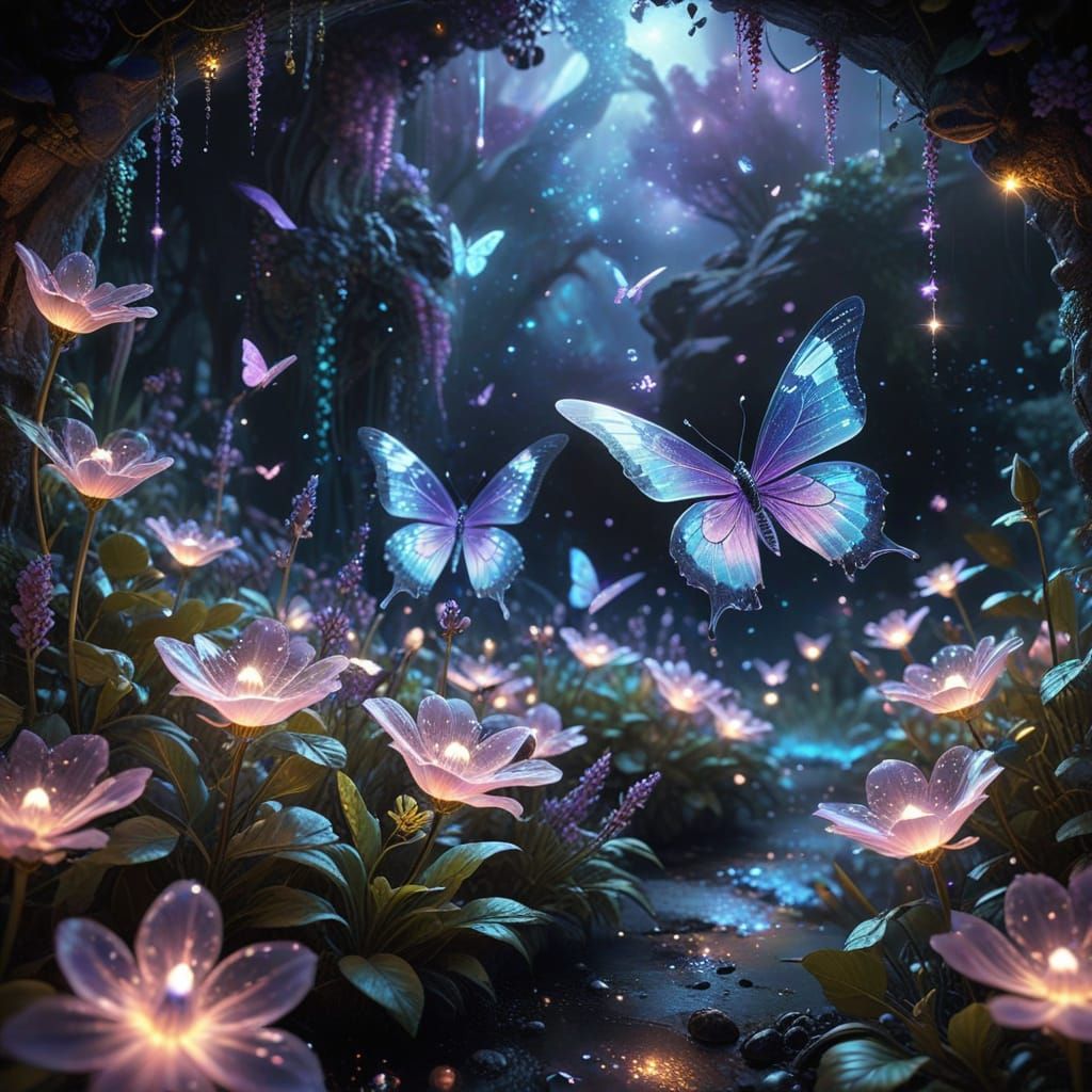 Celestial Garden with Crystal Flowers and Butterfly
