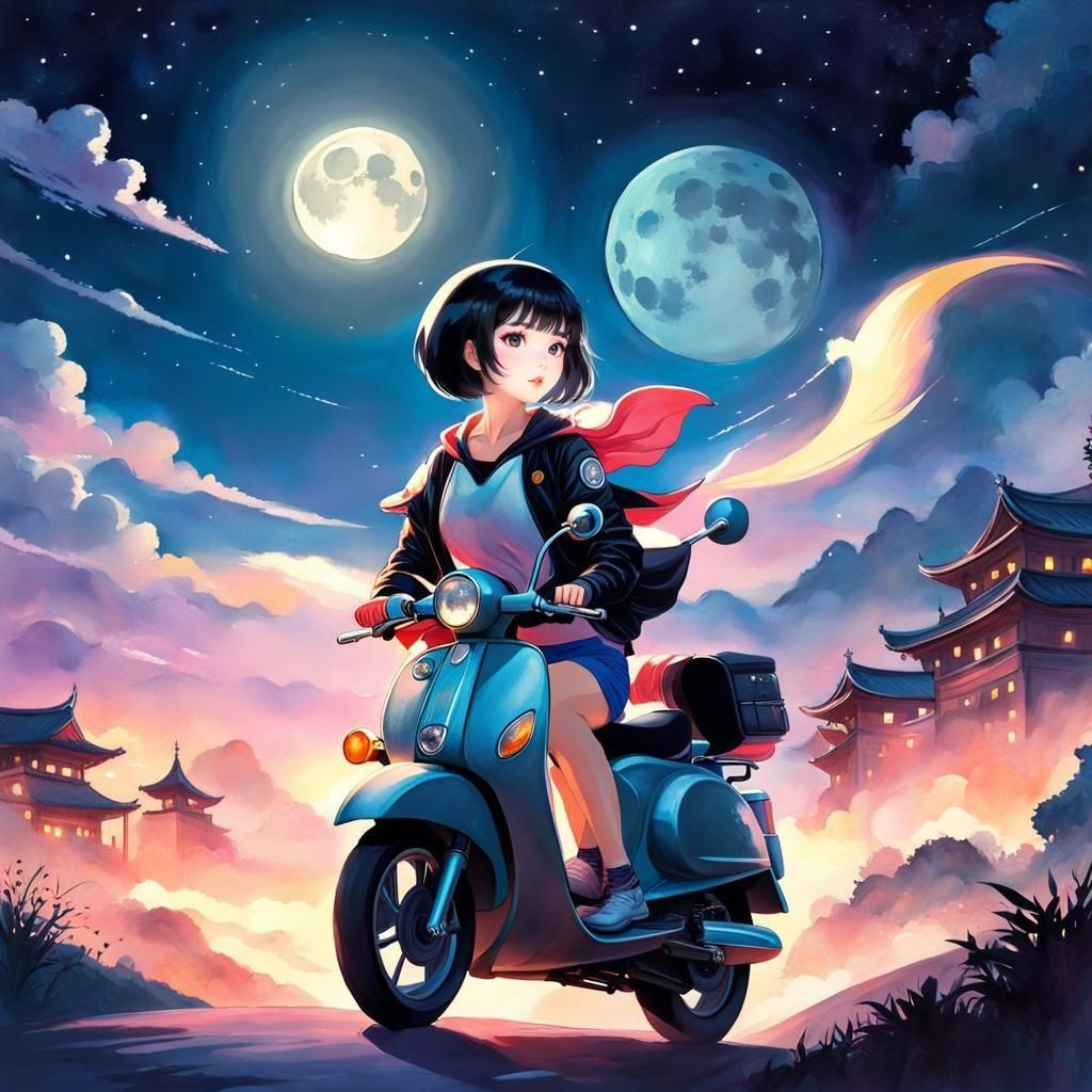 Woman on Moped in Anime Watercolor Style