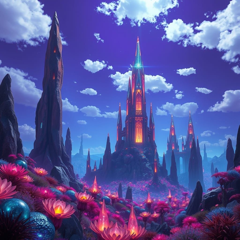 Surreal Crystal Spire Landscape in Vibrant Fantasy Style