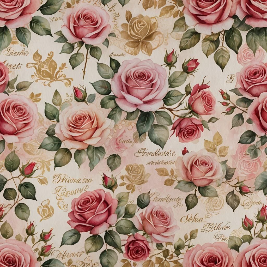 Watercolor Roses and French Script with Gold Leaf