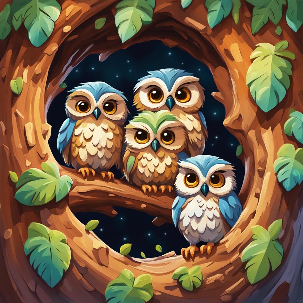 group of three cartoon like baby owl living in a hollow tree...
