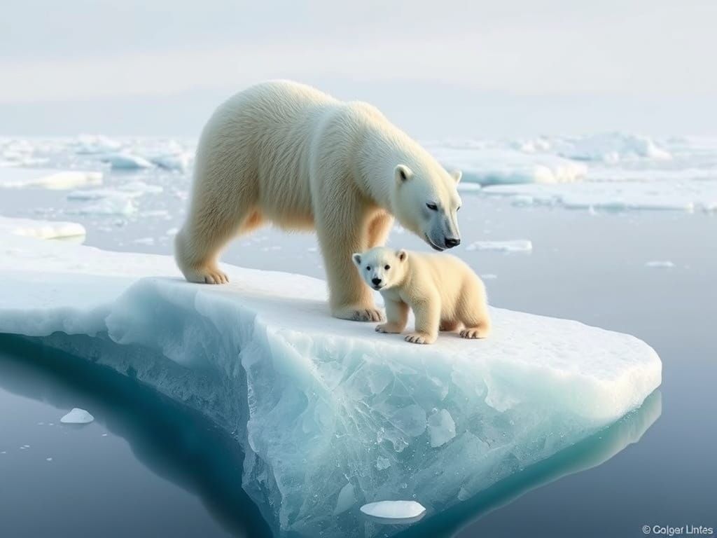 Mother Bear and Cub on Melting Glacier in a Desperate Climat...
