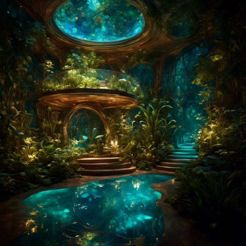 Postmodern Living Room with Aquariums and Mood Lighting