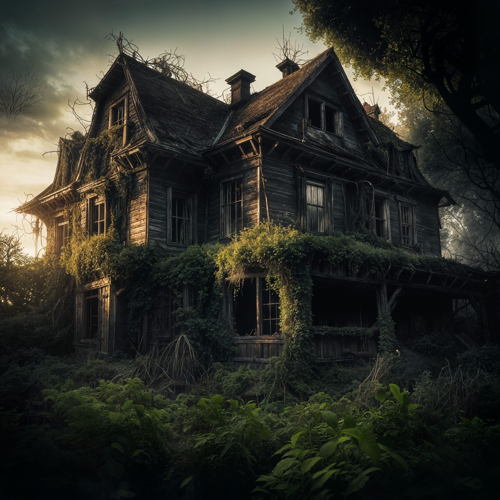 Haunted House with Spooky Gardens in Hyperrealistic Style