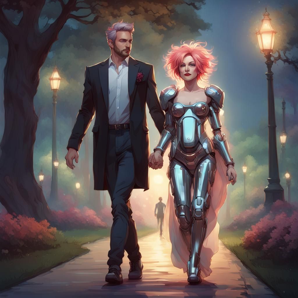 Romantic Robot Walk in Hyperdetailed Digital Art