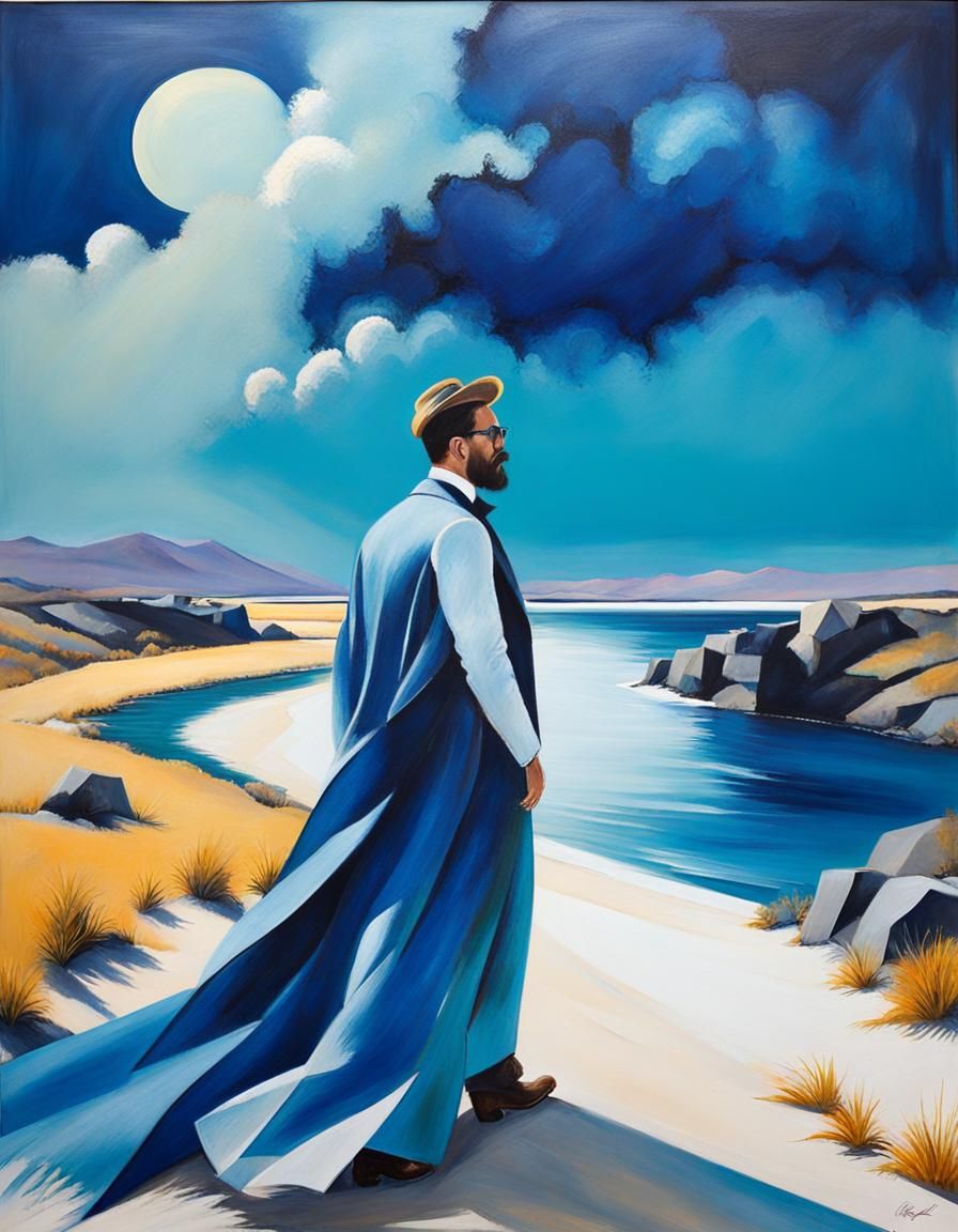 Elegant Man in Azure Landscape, as Oil Painting