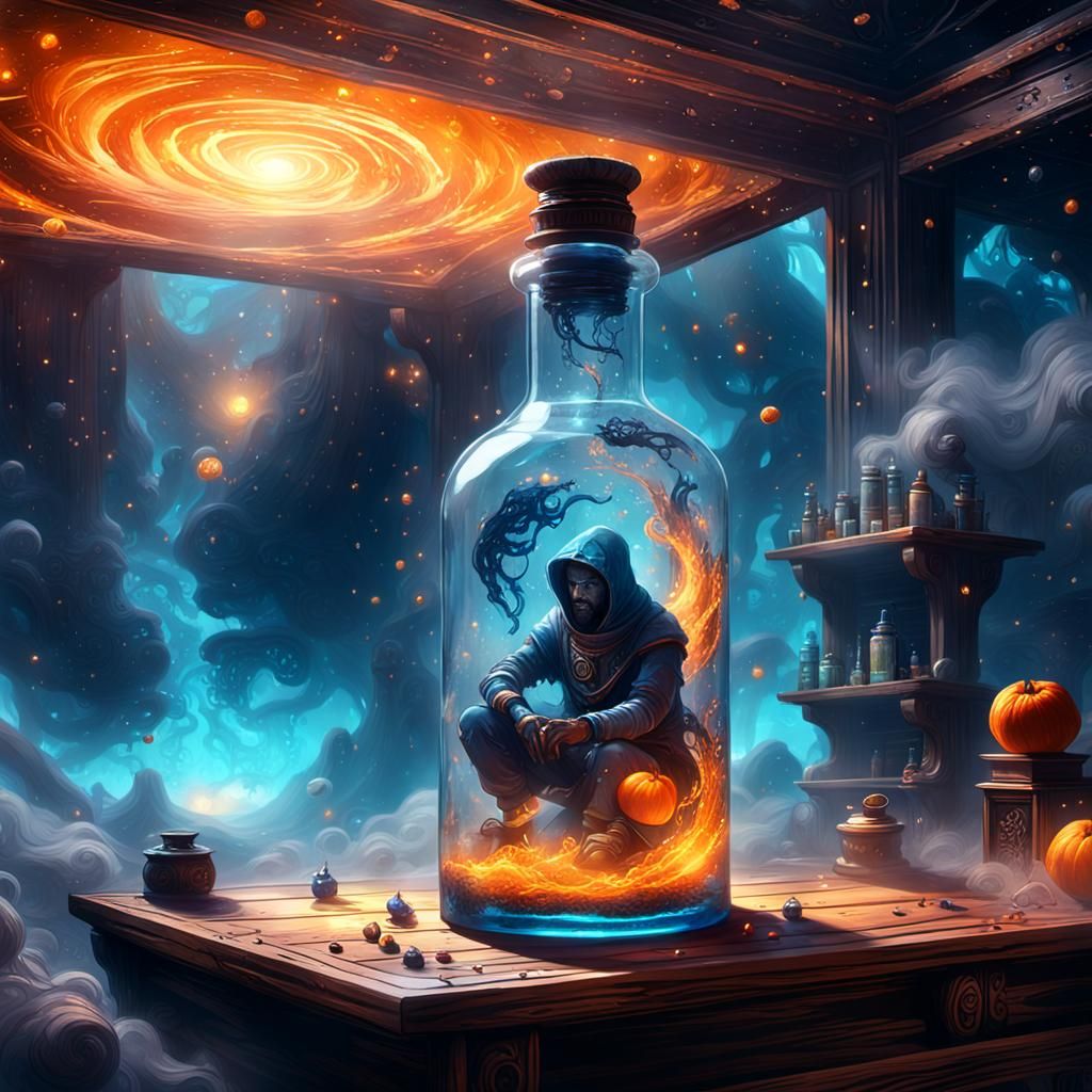 Mystical Figure Trapped in Glass Bottle, Fantasy Art