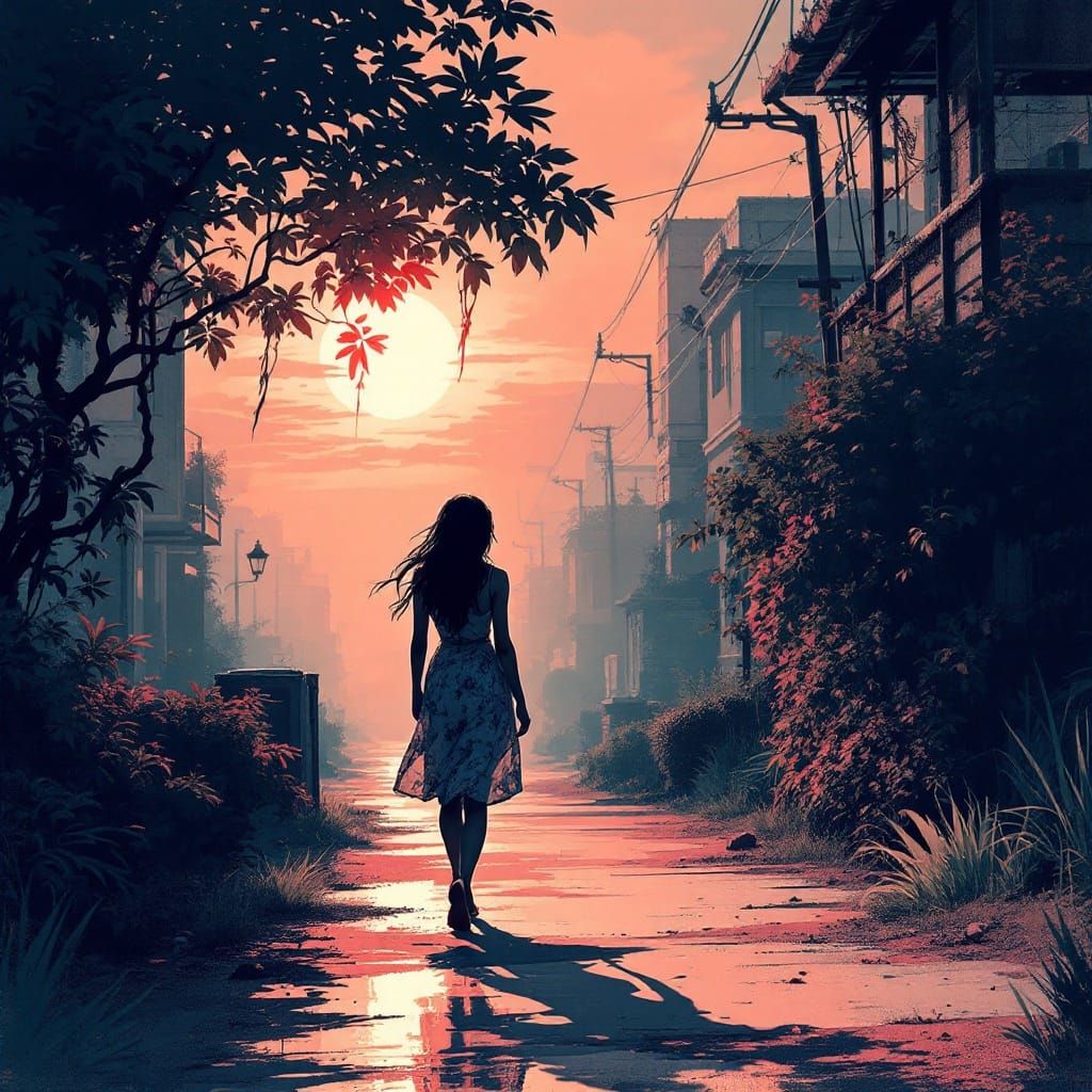 Sumi-e Woman in Miami Vice Style Landscape