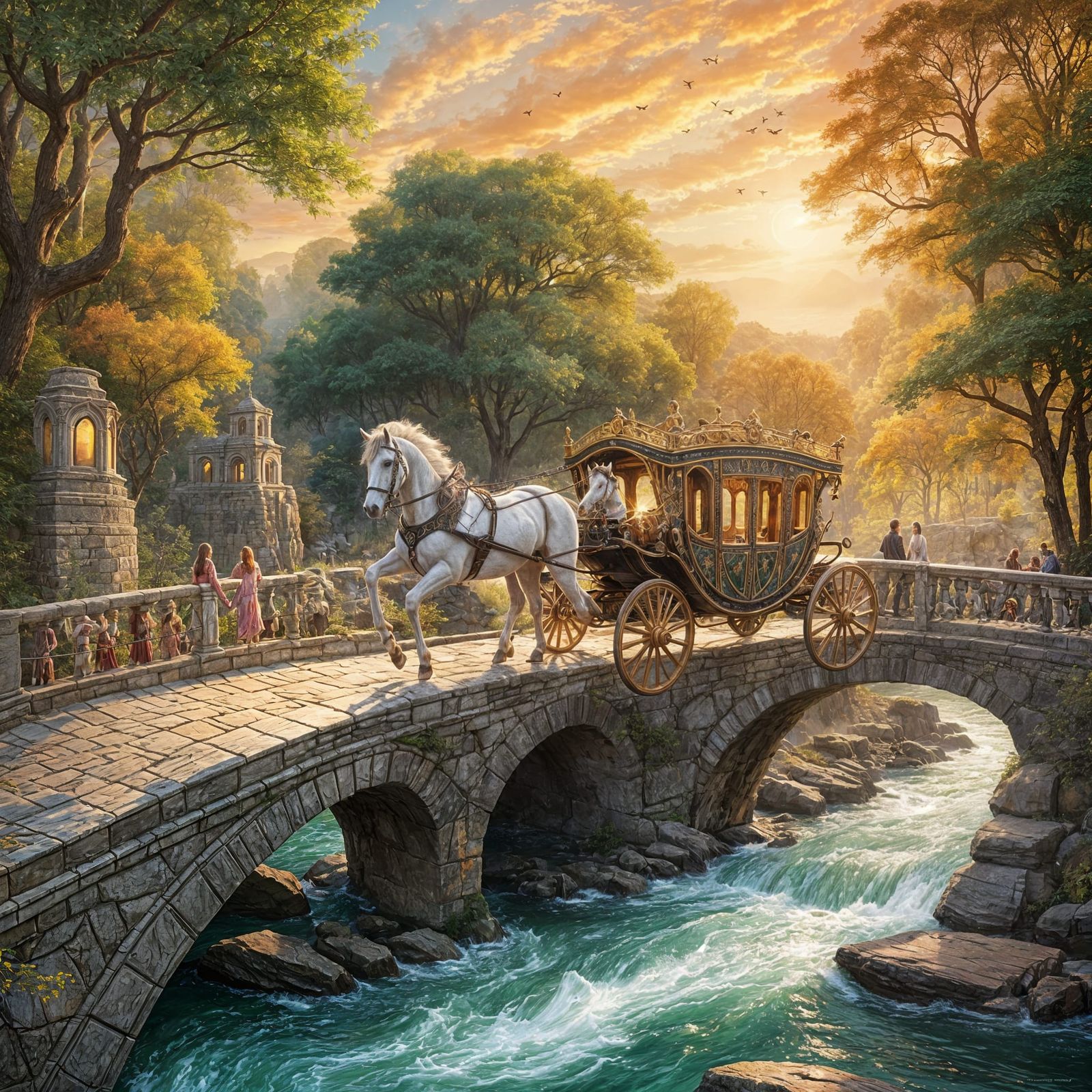 Golden Hour Fantasy Carriage Race Over River Bridge
