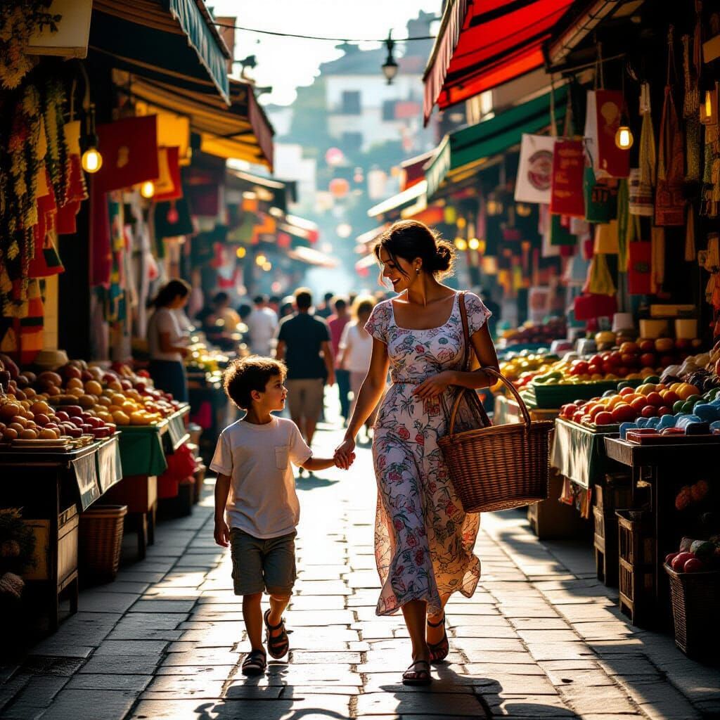 Mother and Son in Vibrant Market, Cinematic Film