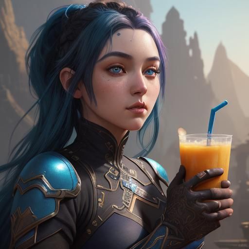 Girl with Mango Boba in Detailed Digital Painting
