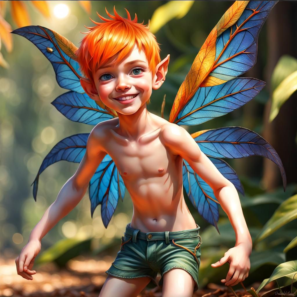 Hyperrealistic Pixie Boy with Colorful Leaf Shorts