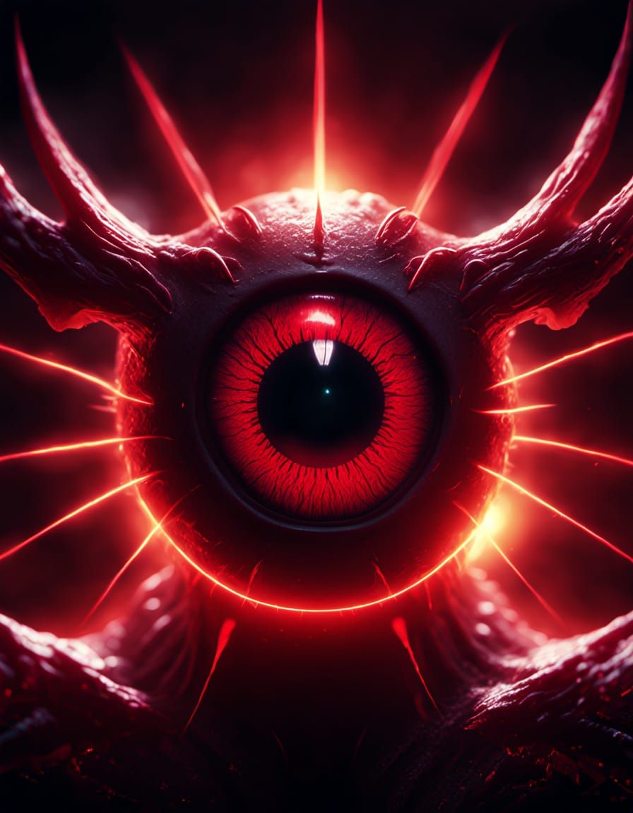 Red Glowing Eyes Radiating Energy in Darkness