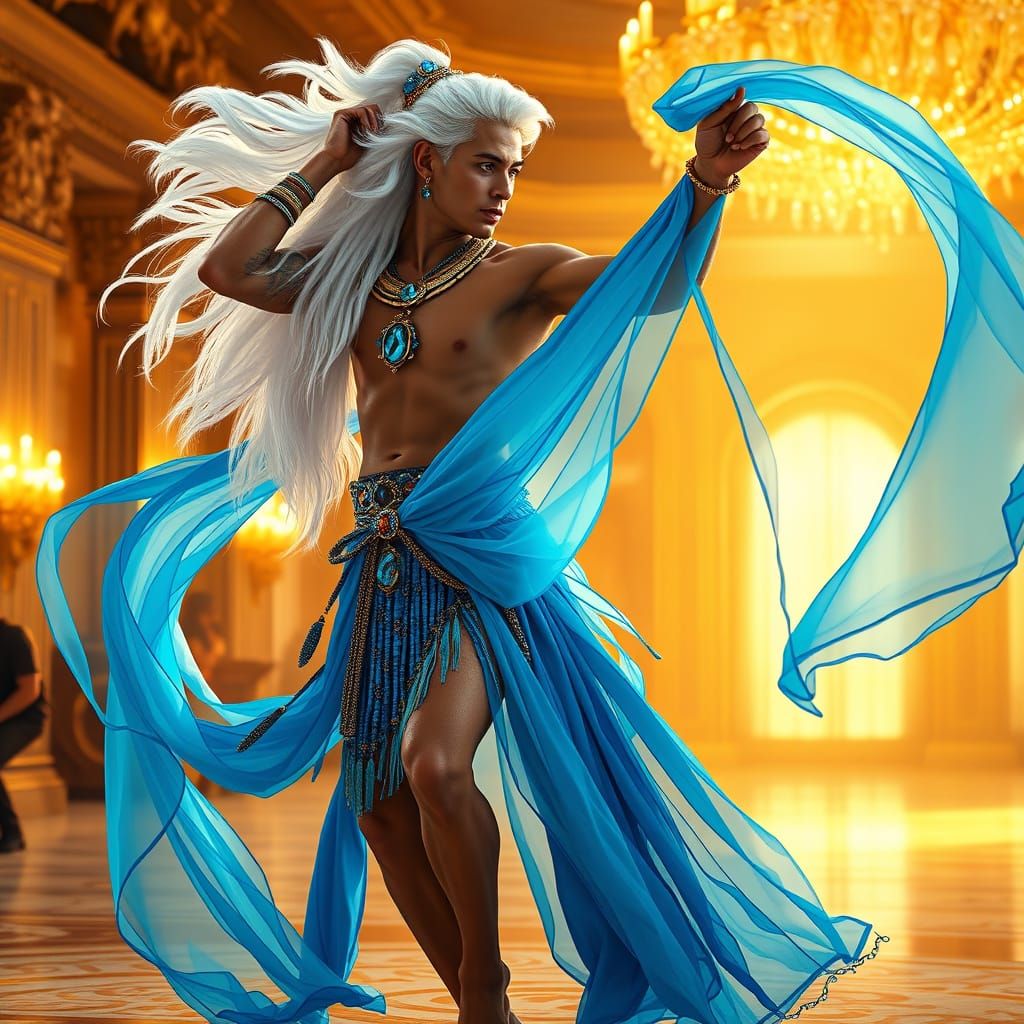 Regal Belly Dancer in Cerulean Veils, Set Against Golden Bal...