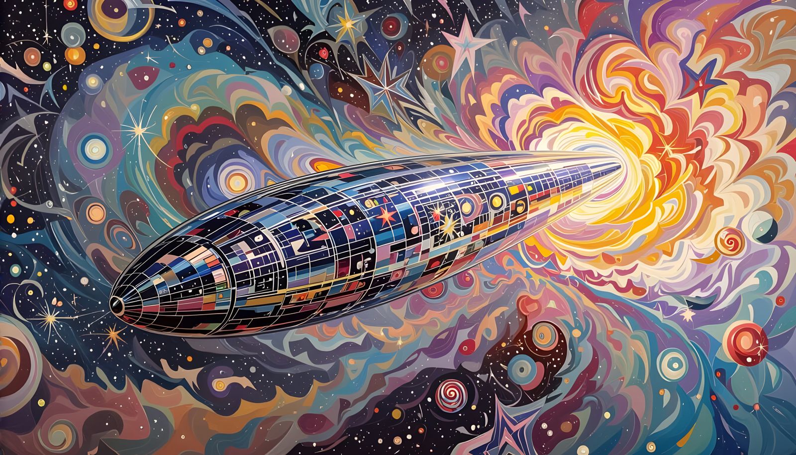 Cylinder Races through Impasto Cosmos in Surrealist Style