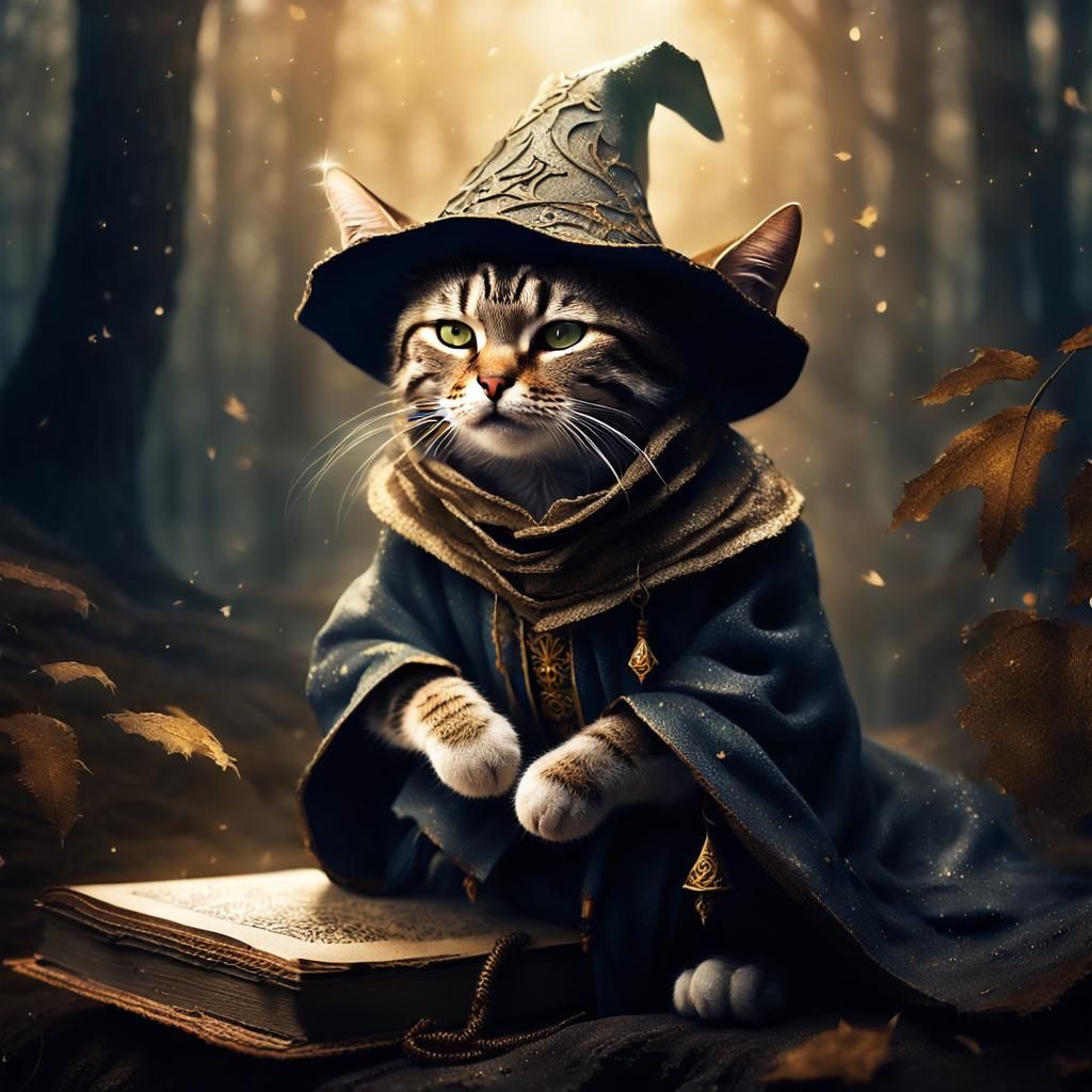 Crying Tabby Cat Wizard in Mystical Forest