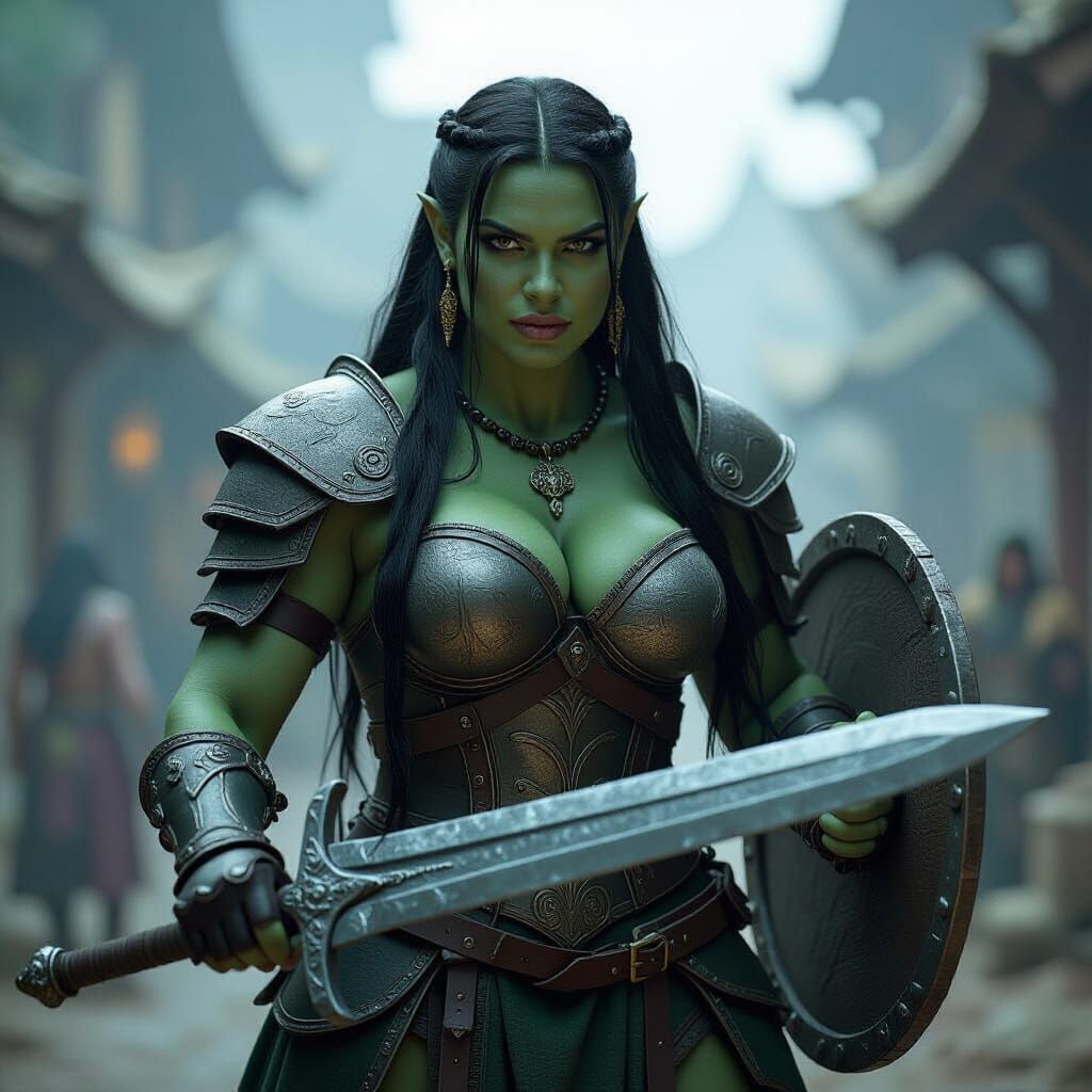 Voluptuous Orc Woman Warrior in a Fantasy Realm