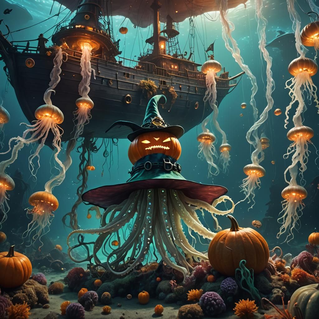 Halloween Underwater Scene with Giant Squid