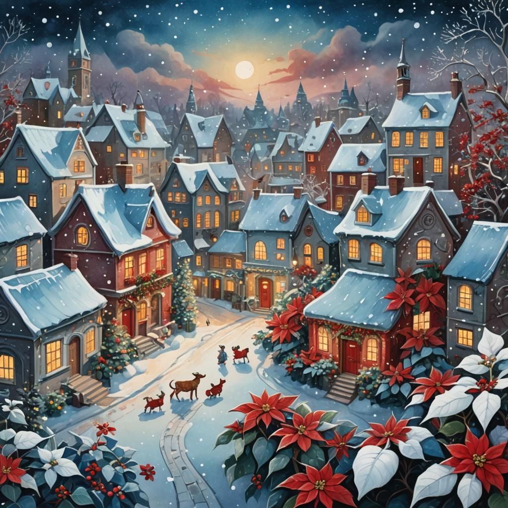 Festive Winter Cityscape with Poinsettias, in Gouache Style