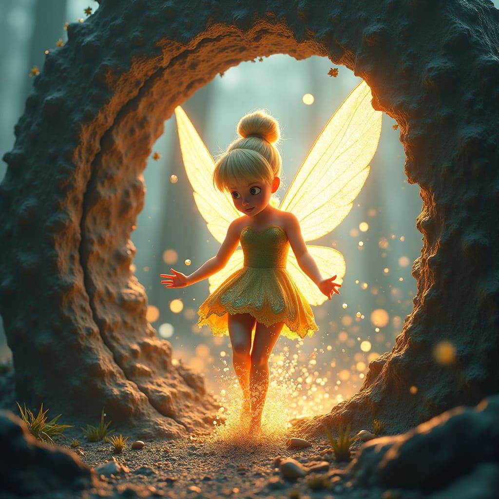 Pixeled Tinkerbell Emerges from a Vibrant Magic Portal