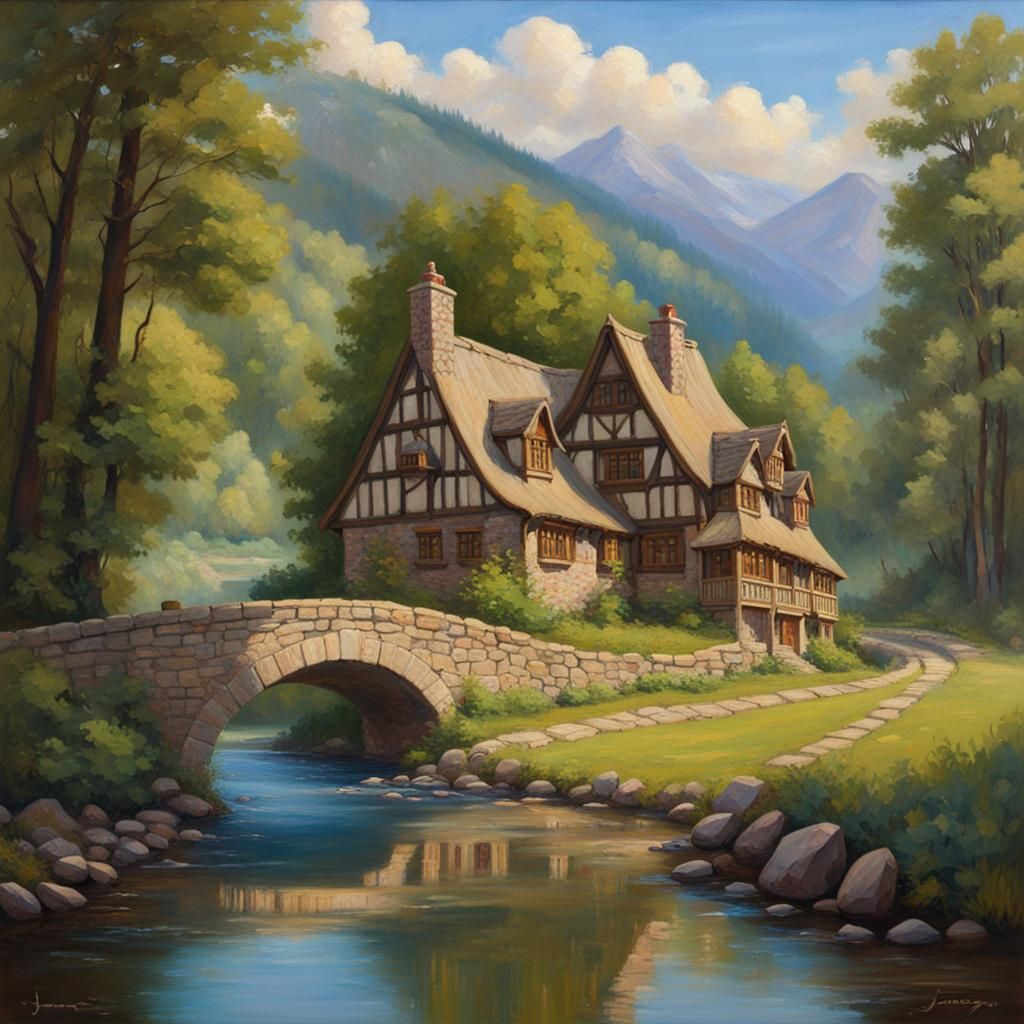 Cottagecore Tavern by River, Oil Painting