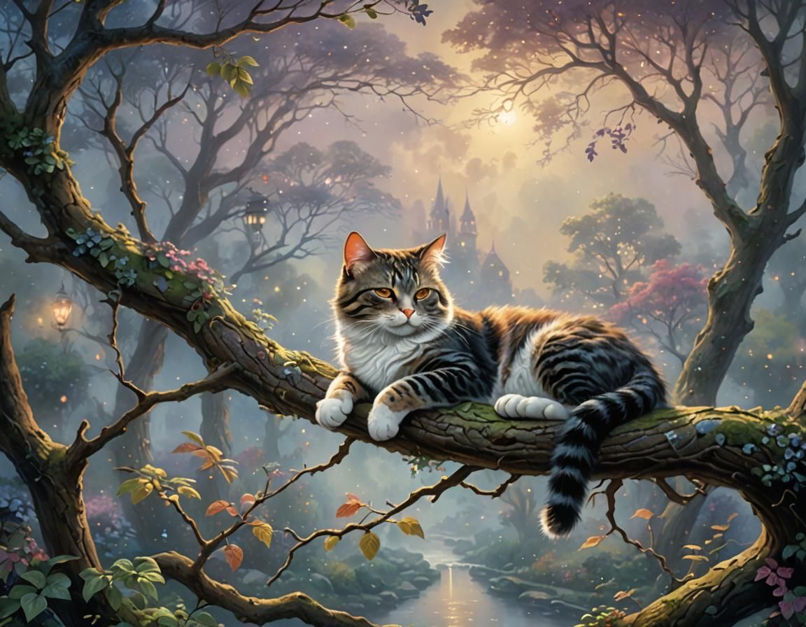Cat Napping on Branch in Ethereal Style