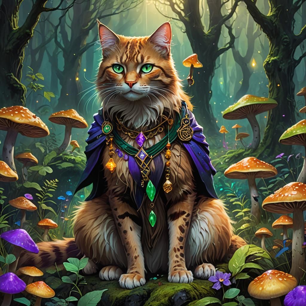 Priestess Cat Collecting Herbs in Bioluminescent Forest