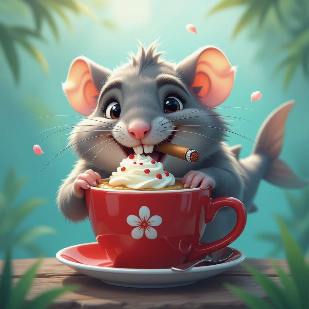 Cartoon Rat Eats Ice Cream on Shark Flower Coffee Cup