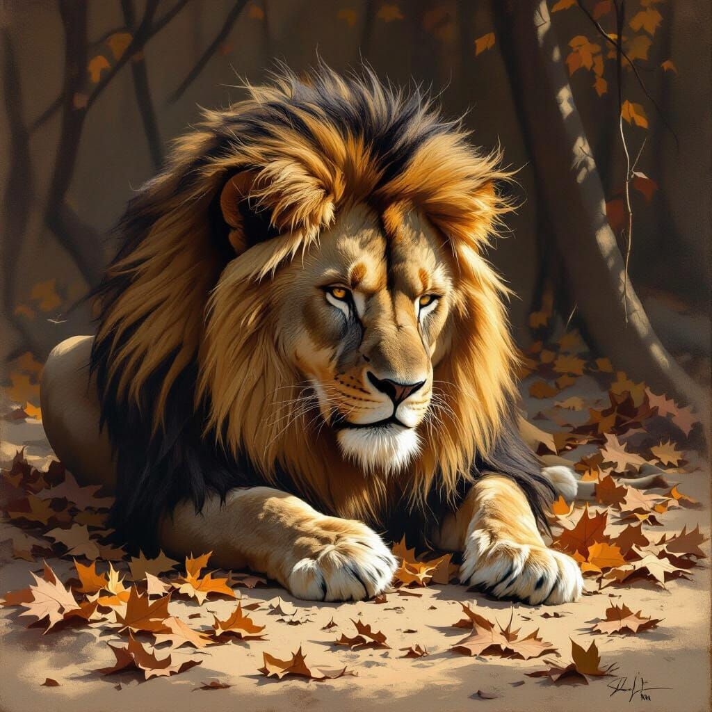 Melancholic Lion in Autumn Landscape