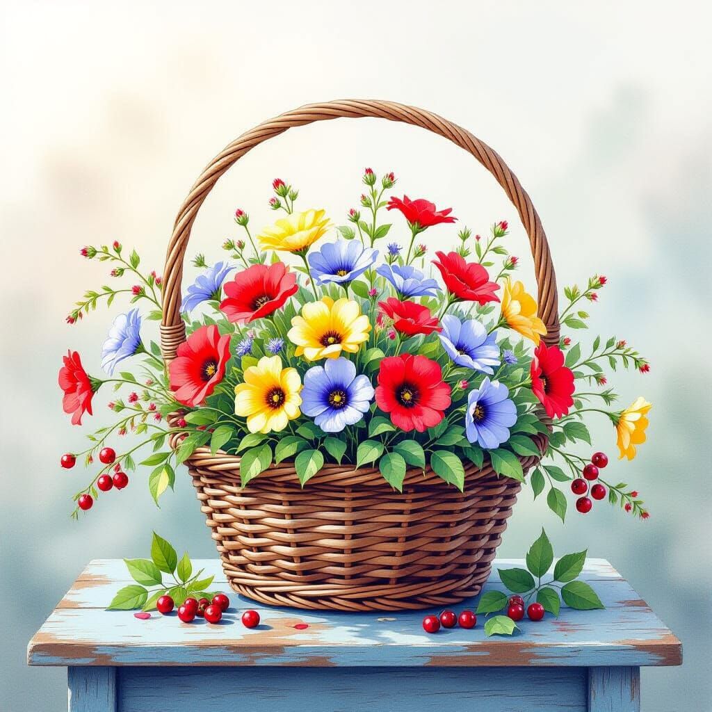 Wildflower Bouquet in Wicker Basket Watercolor Painting