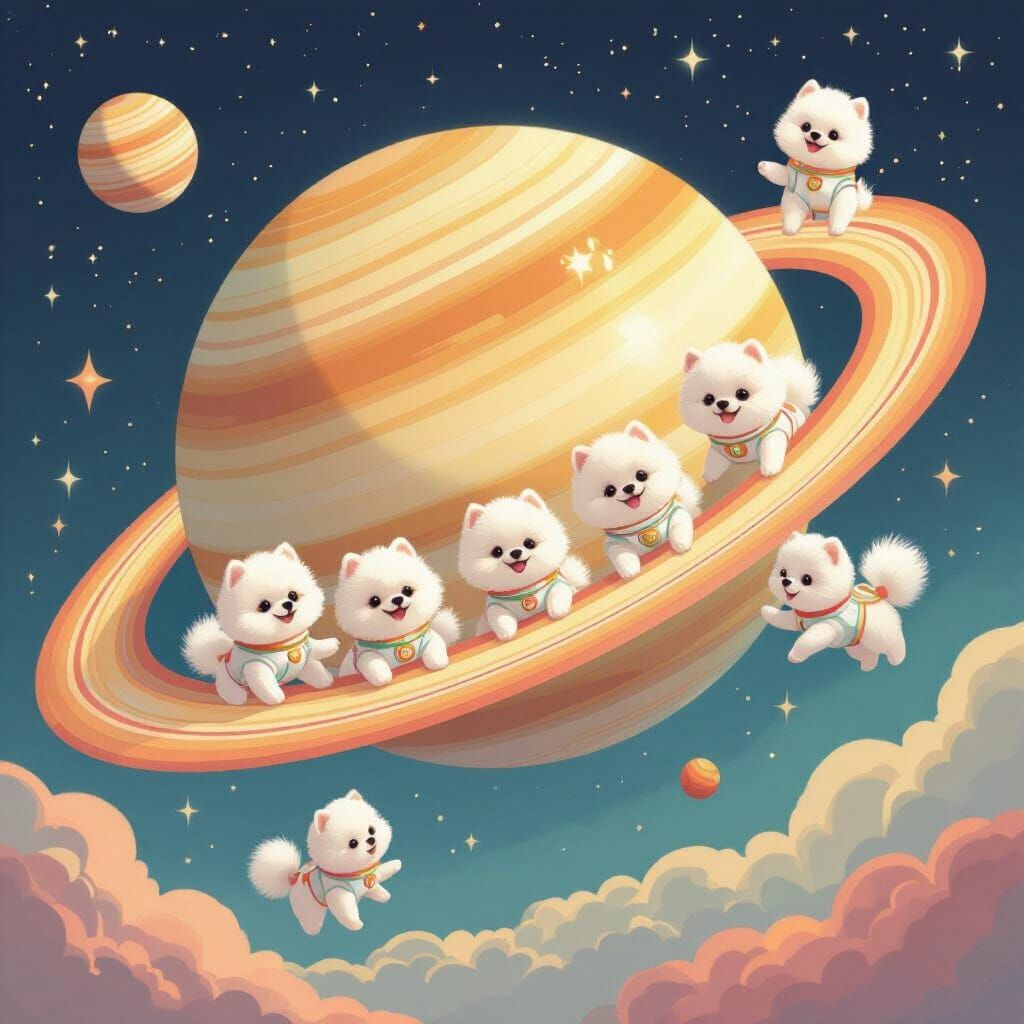 Pomeranians Visit Saturn in Candy Space Suits