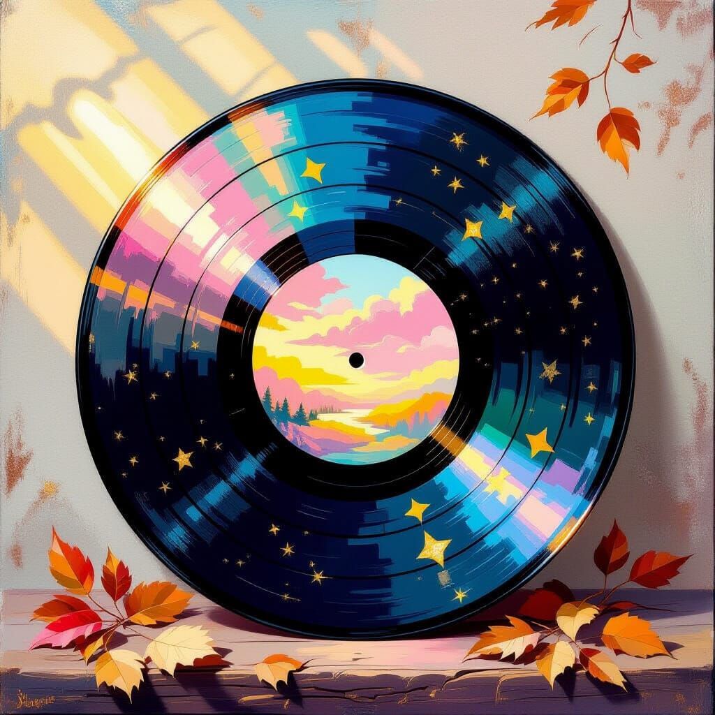 Metamodern Vinyl Record Painting with Luminous Colors