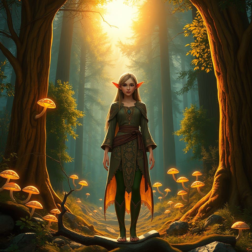 Enigmatic Elf in Hyper-Detailed Forest, Fantasy Art