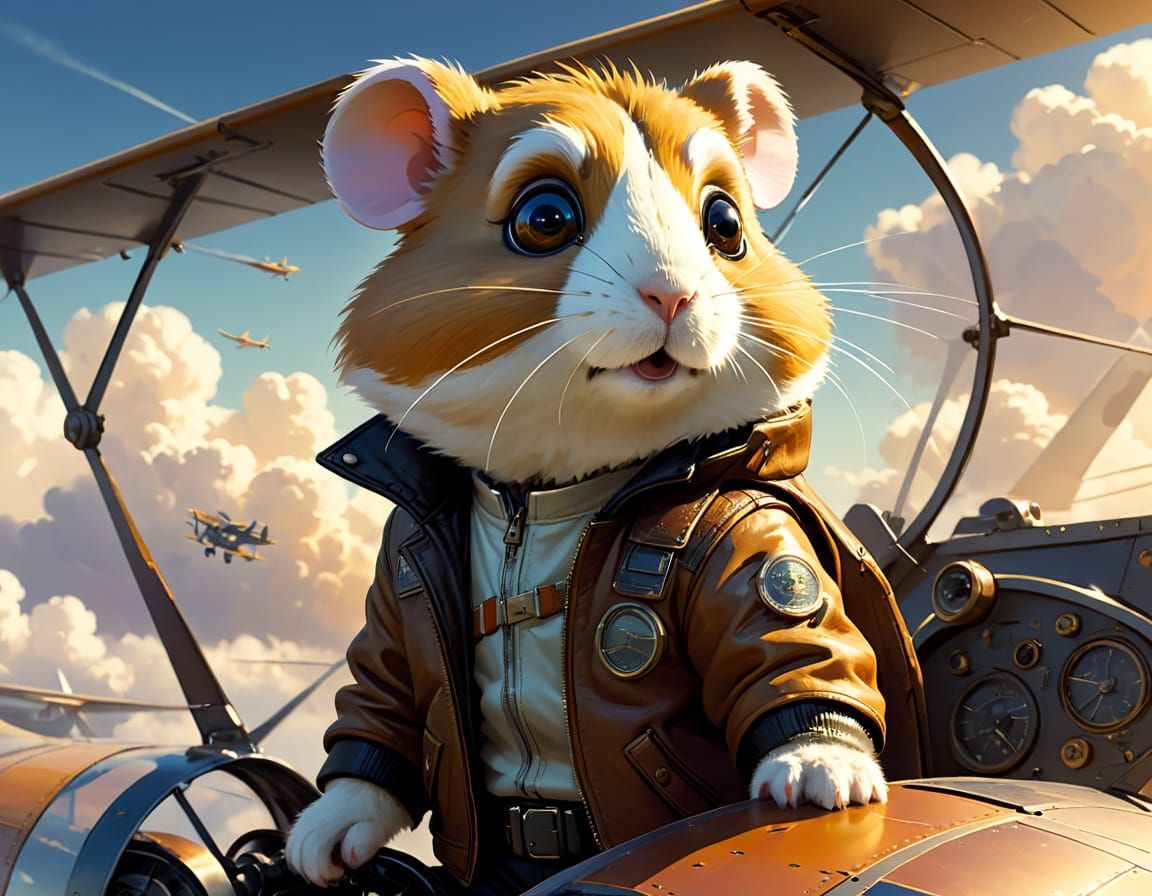Heroic Hamster Pilot in Vintage Biplane, Sci-Fi Illustration