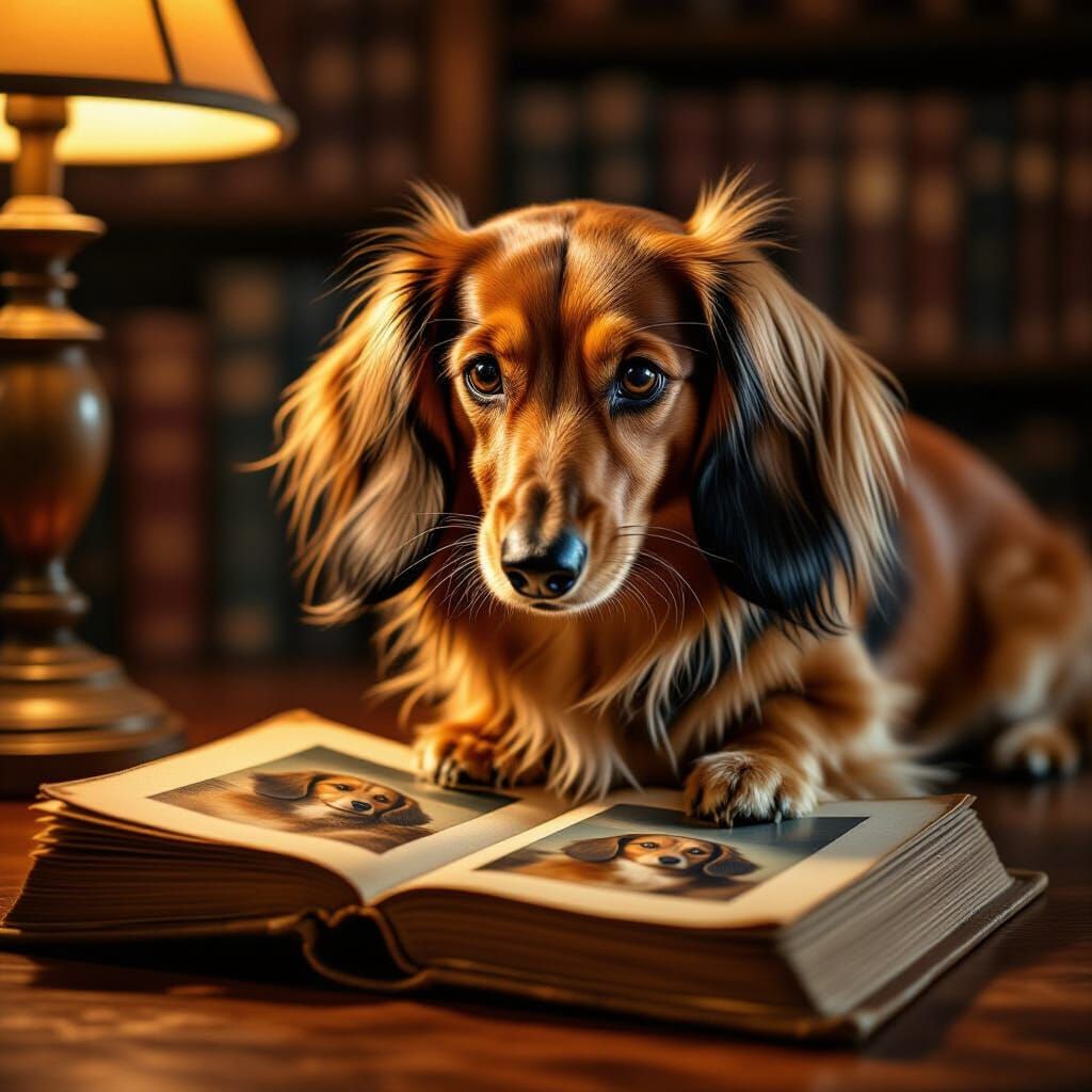 Golden Brown Dachshund Searches Photo Album in Painterly Sty...