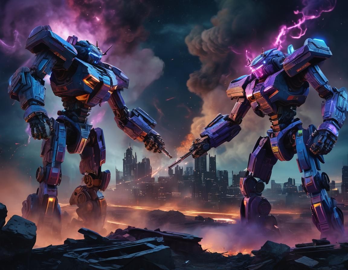 Mecha Duel in Cosmic Neon Cityscape