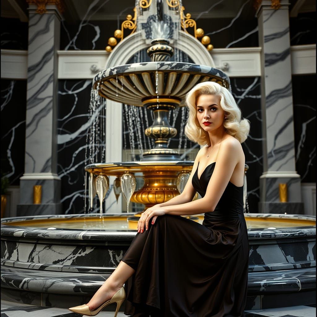 Glamorous Woman by Marble Fountain in Black and White